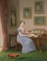Autorretrato de la artista pintando en su escritorio